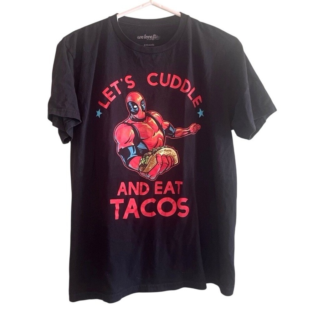 MARVEL Womens Let's Cuddle & Eat Tacos Dead Pool Comic Graphic T-Shirt Black Med